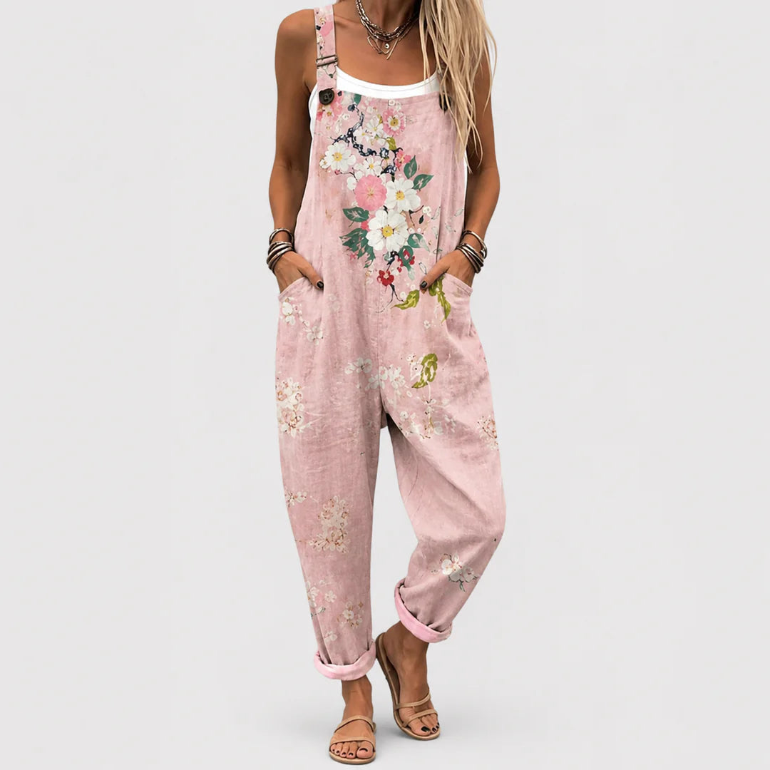 Mjuka och bekväma blommiga hängselbyxor i rosa
