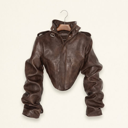 Chaqueta corsé de cuero vintage con mangas con remaches