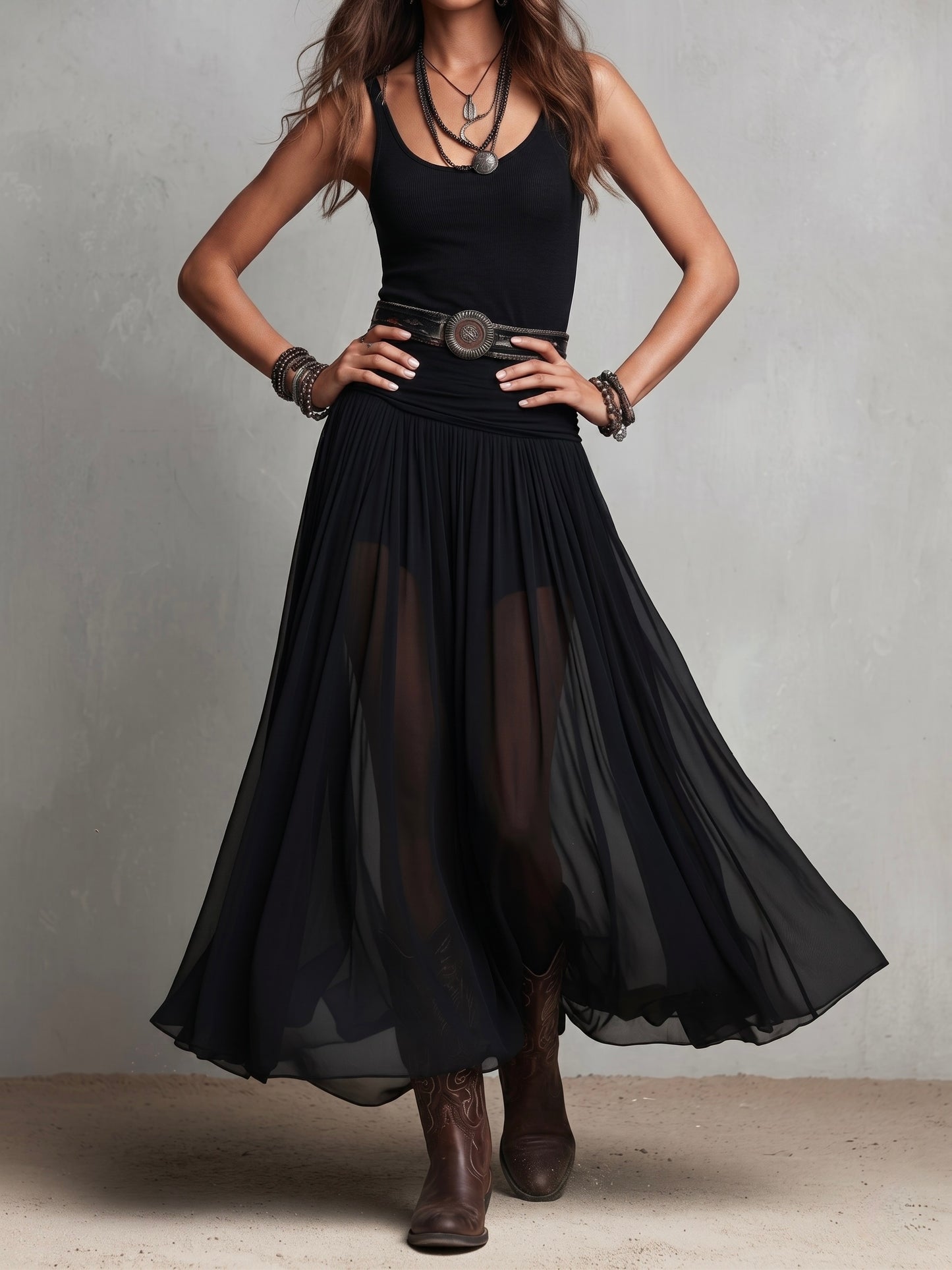 Vestido largo elástico estilo bohemio western negro con falda transparente