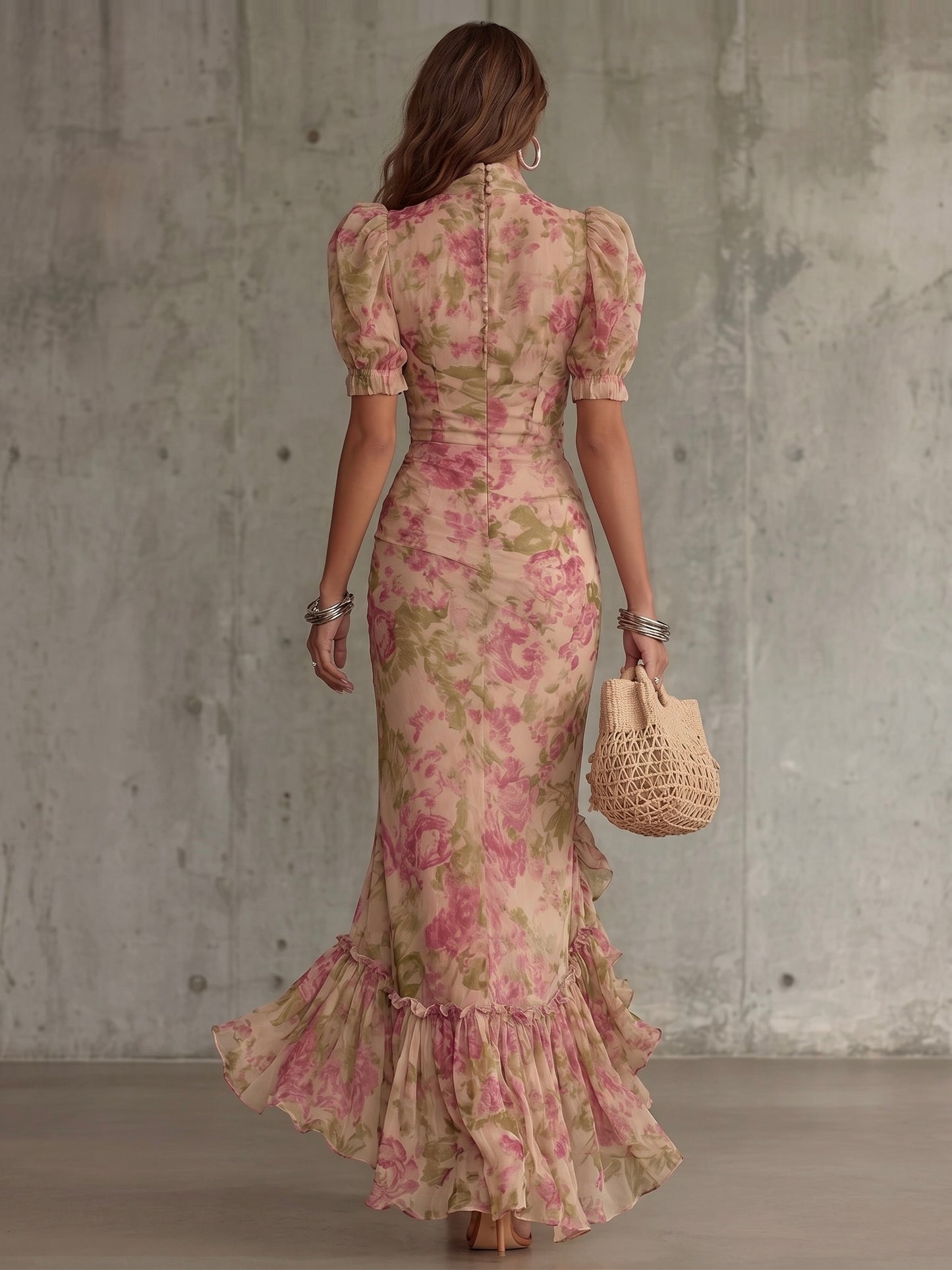 Fiona - Vestido largo con estampado de rosas vintage y mangas abullonadas