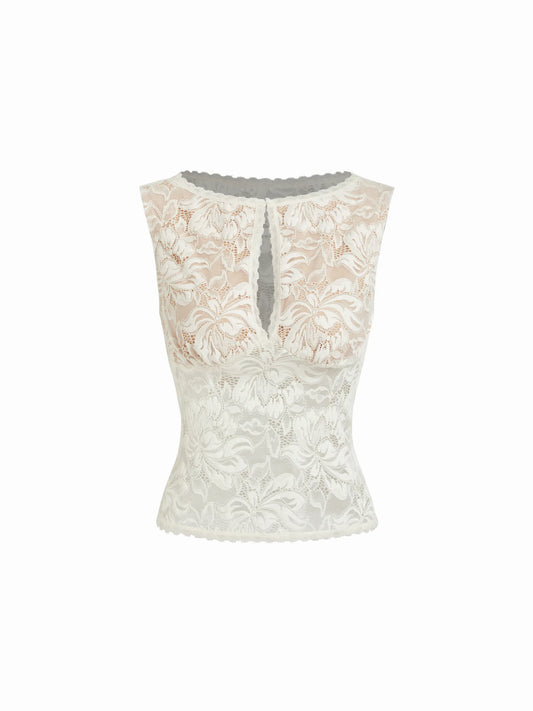 Top de cuello barco con encaje transparente