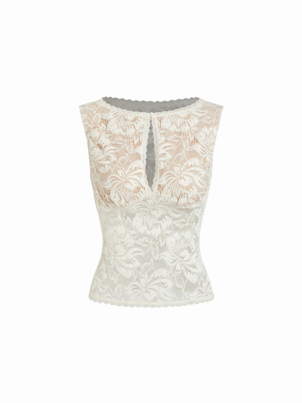 Top de cuello barco con encaje transparente
