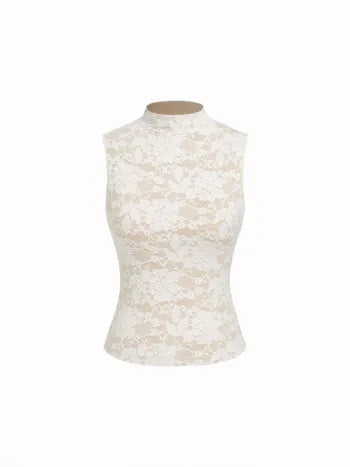 Top de tirantes con cuello alto de encaje floral