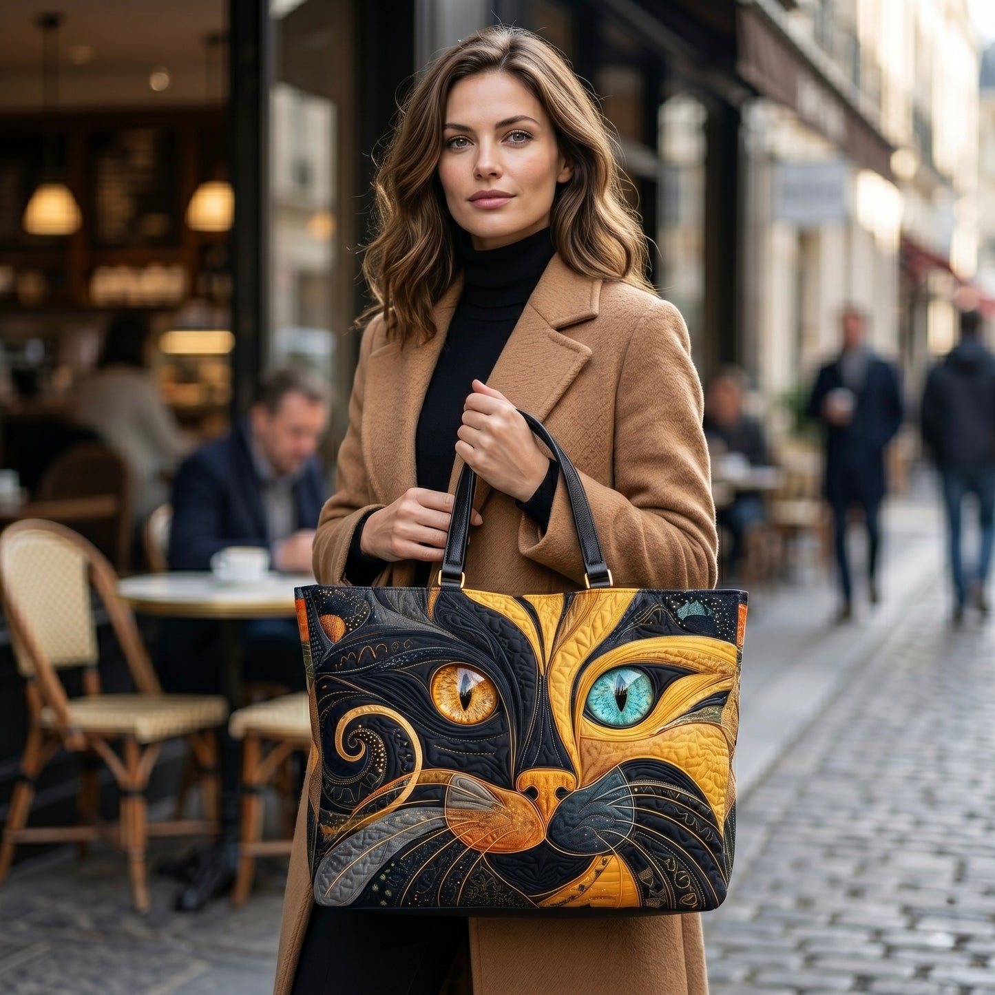 Bolso artesanal con diseño de gato místico
