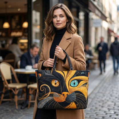 Bolso artesanal con diseño de gato místico