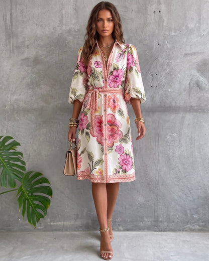 Vestido de manga farol con cuello con muescas y estampado