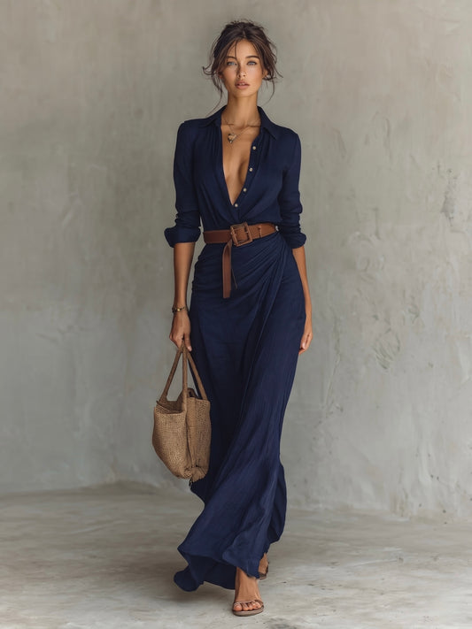 Vestido largo de manga larga con cuello de solapa para mujer