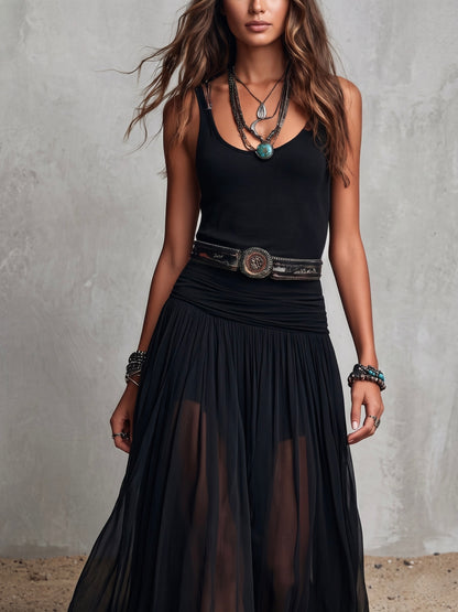 Vestido largo elástico estilo bohemio western negro con falda transparente