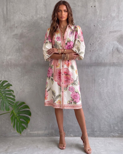 Vestido de manga farol con cuello con muescas y estampado