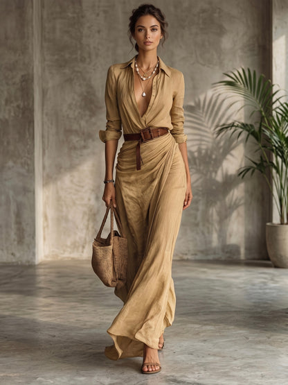 Vestido largo de manga larga con cuello de solapa para mujer
