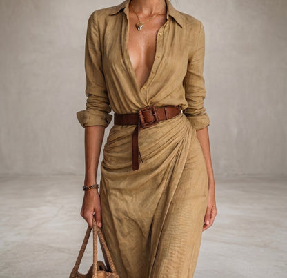 Vestido largo de manga larga con cuello de solapa para mujer