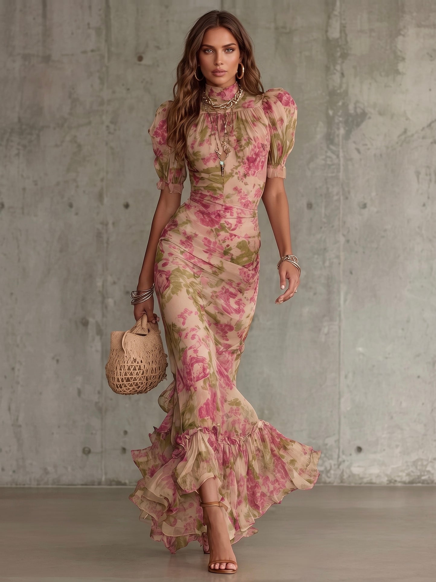 Fiona - Vestido largo con estampado de rosas vintage y mangas abullonadas