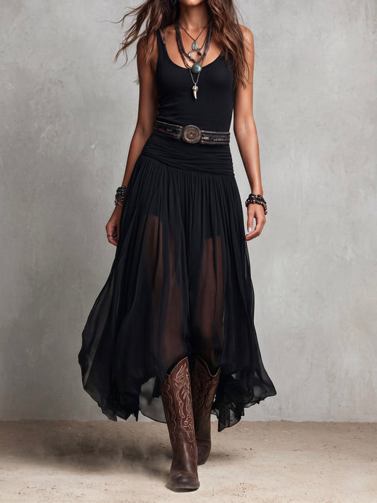 Vestido largo elástico estilo bohemio western negro con falda transparente