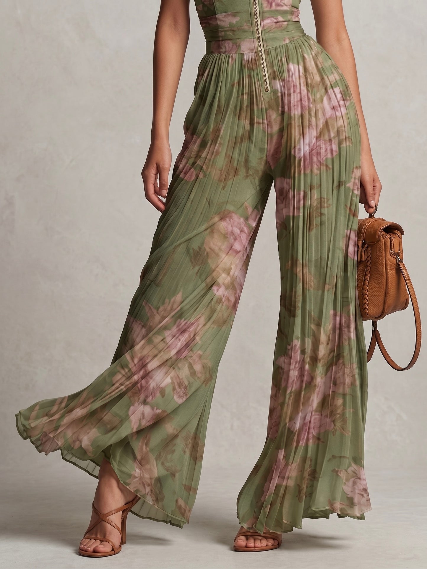 Peto de gasa verde con estampado floral, escote en V, sin mangas, con cremallera y pernera ancha, con pliegues.
