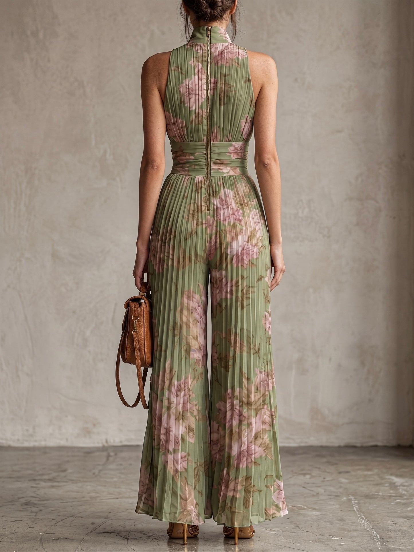 Peto de gasa verde con estampado floral, escote en V, sin mangas, con cremallera y pernera ancha, con pliegues.