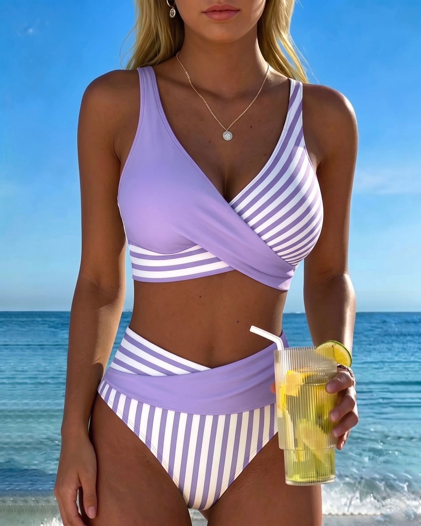 Bikini con estampado de rayas cruzadas