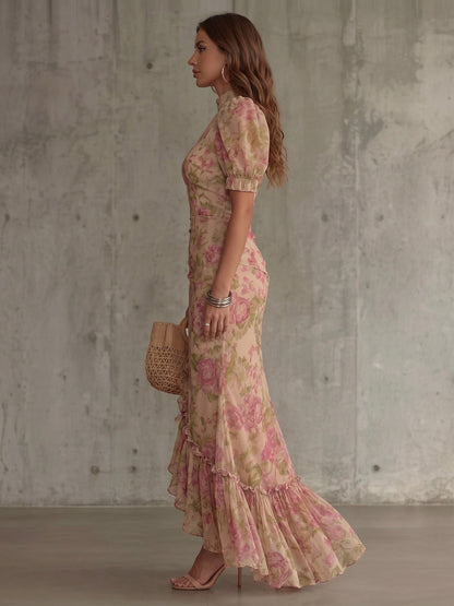 Fiona - Vestido largo con estampado de rosas vintage y mangas abullonadas