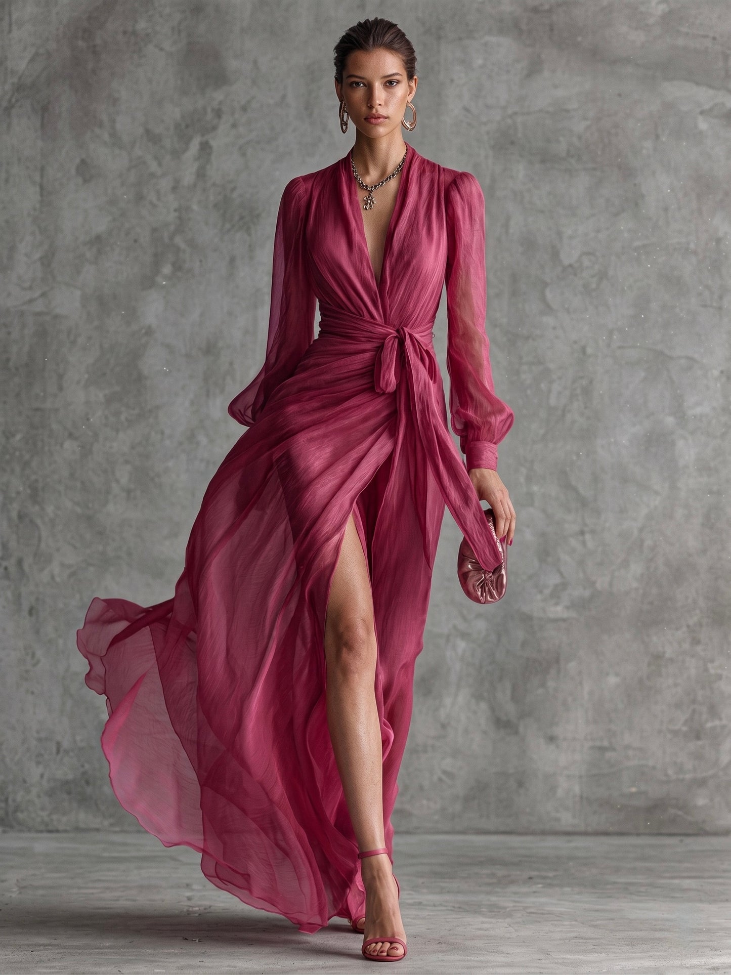 Elegante vestido largo de mujer en gasa rosa perla con escote en V y cinturón en la cintura.