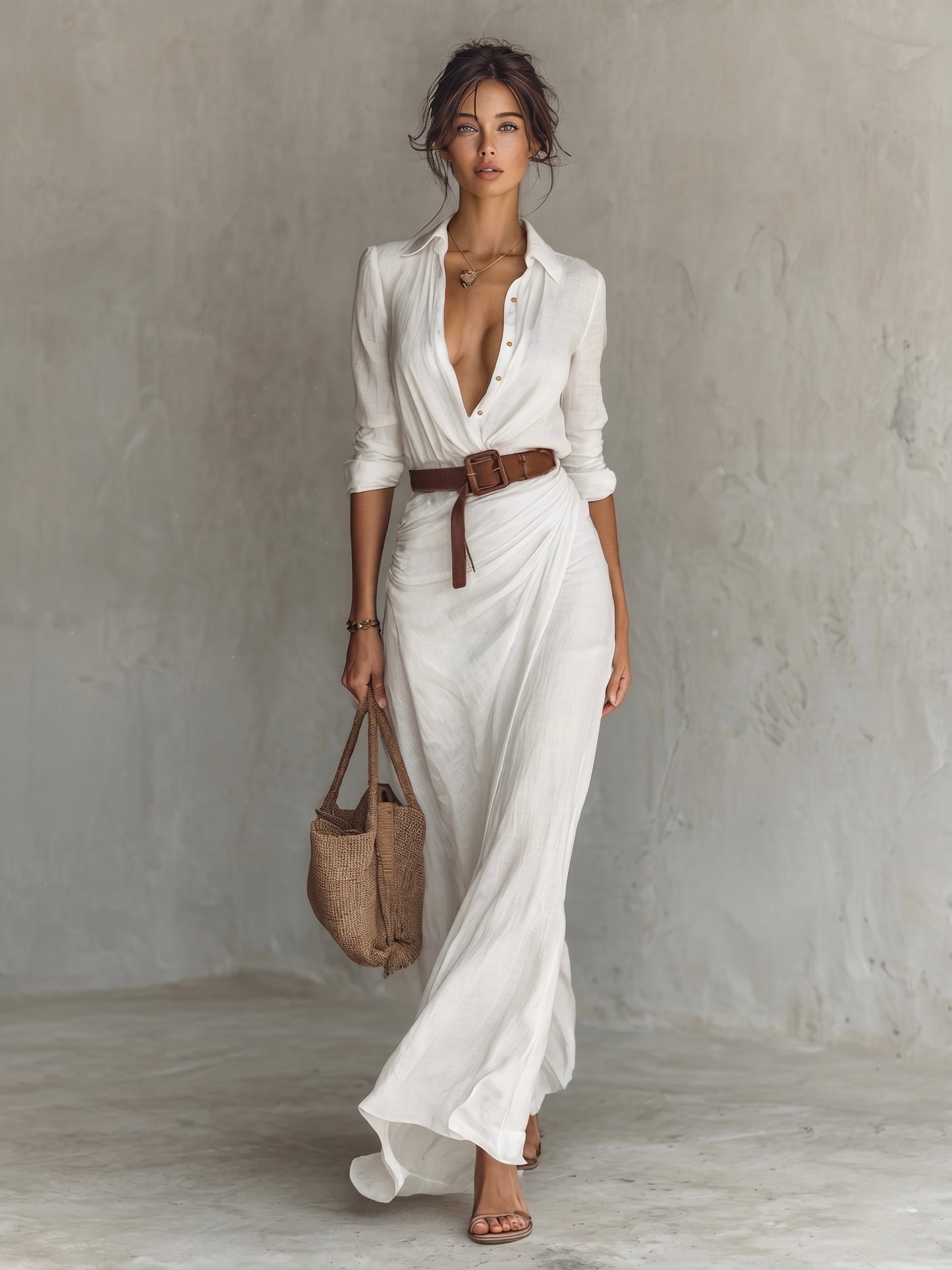 Vestido largo de manga larga con cuello de solapa para mujer
