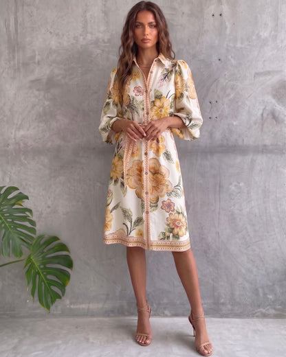 Vestido de manga farol con cuello con muescas y estampado