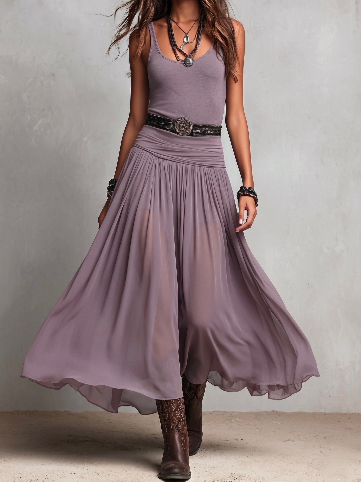 Vestido largo elástico estilo bohemio western negro con falda transparente