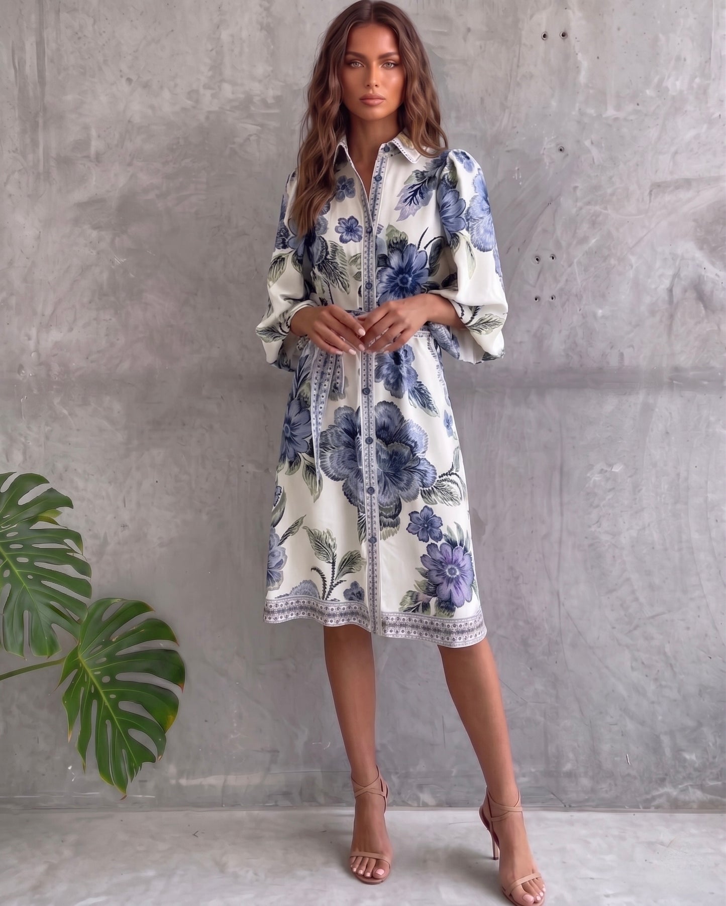 Vestido de manga farol con cuello con muescas y estampado