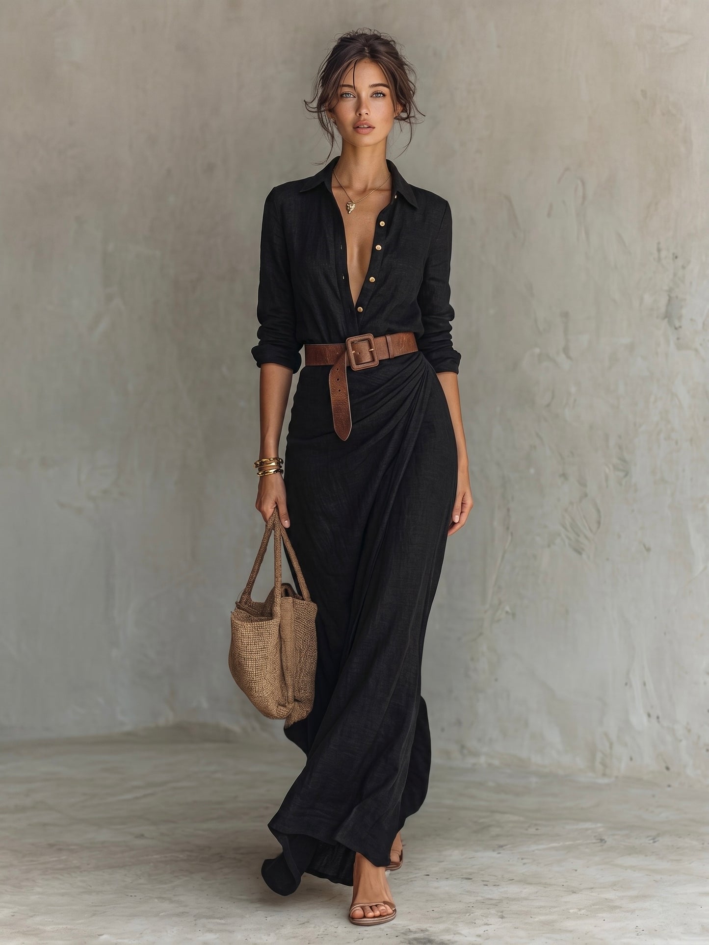 Vestido largo de manga larga con cuello de solapa para mujer