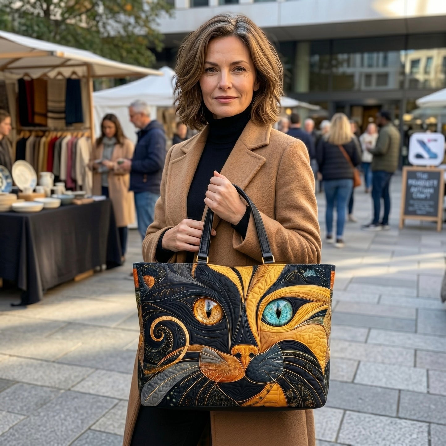 Bolso artesanal con diseño de gato místico