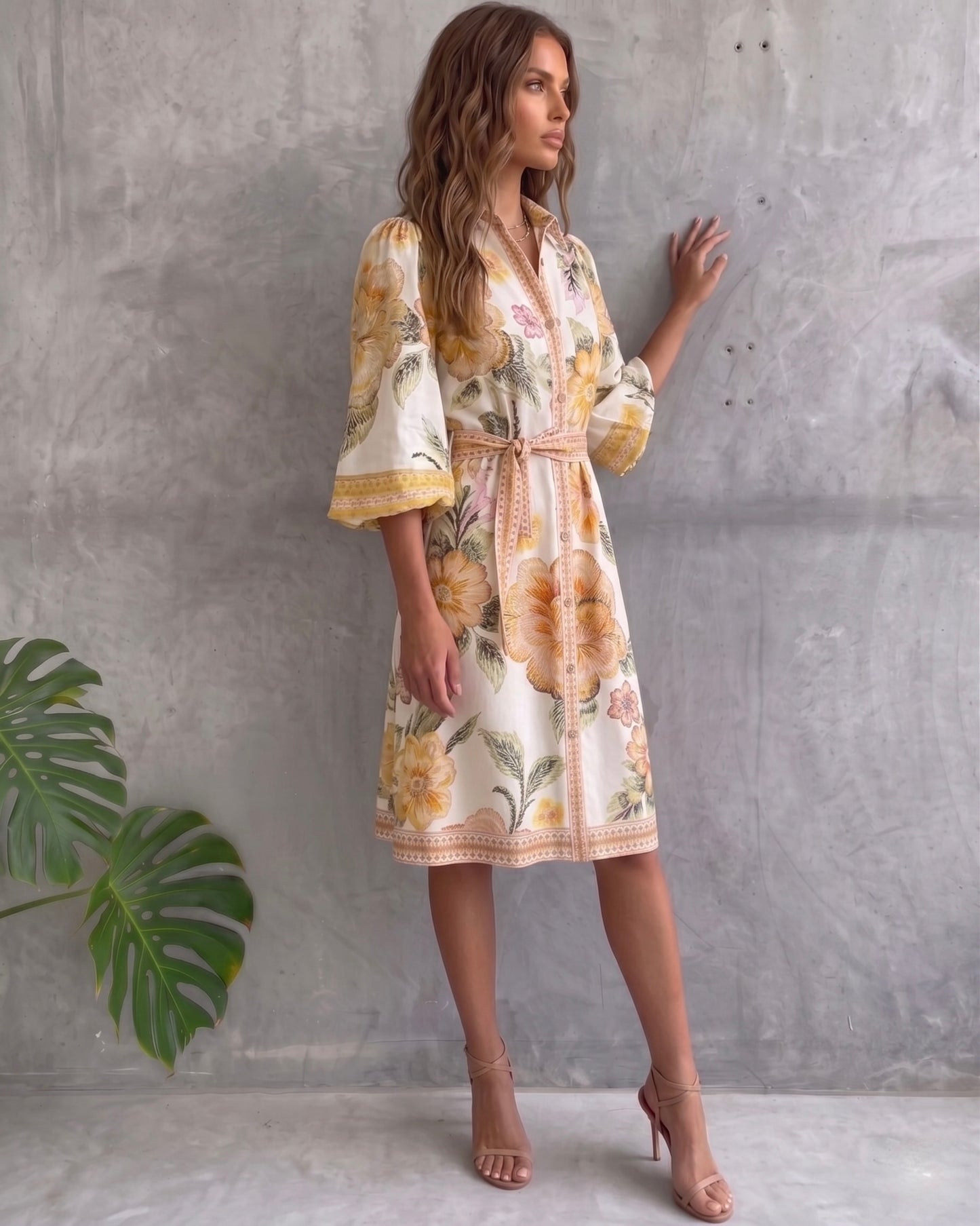 Vestido de manga farol con cuello con muescas y estampado