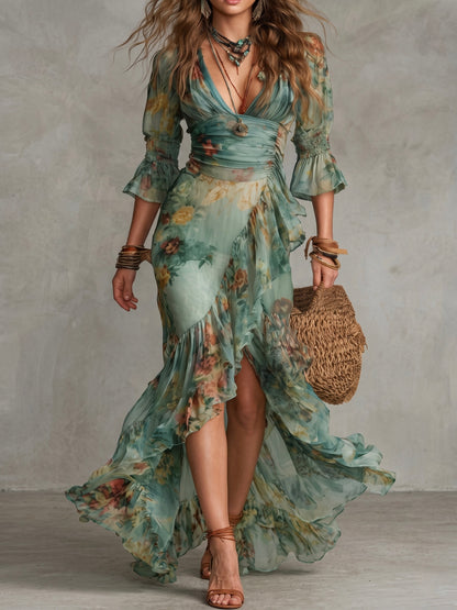 Vestido largo de gasa verde hierba con volantes irregulares y abertura
