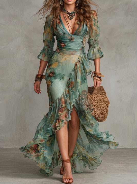 Vestido largo de gasa verde hierba con volantes irregulares y abertura