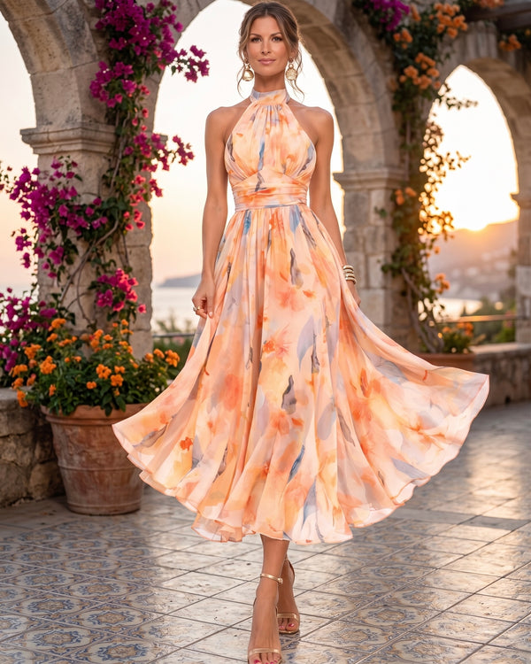Aurora | Vestido con escote halter y estampado de acuarela
