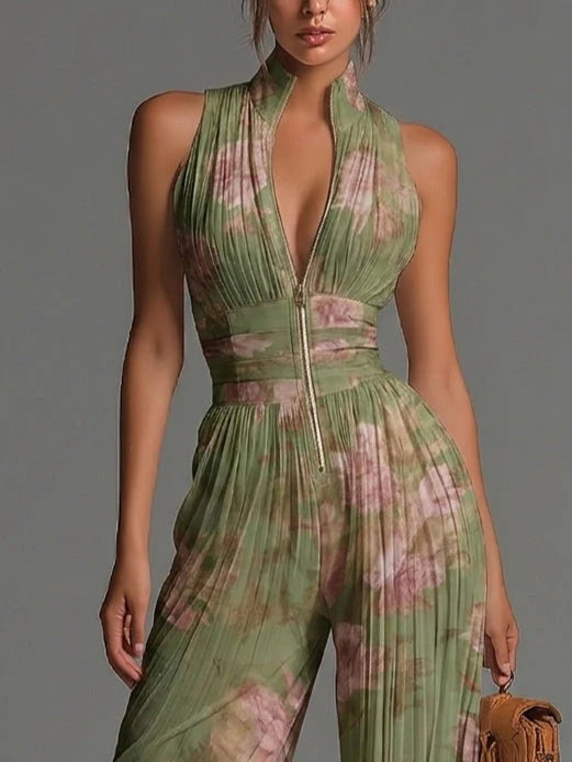 Charlotte™ | Flödande plisserad jumpsuit med gröna blommor