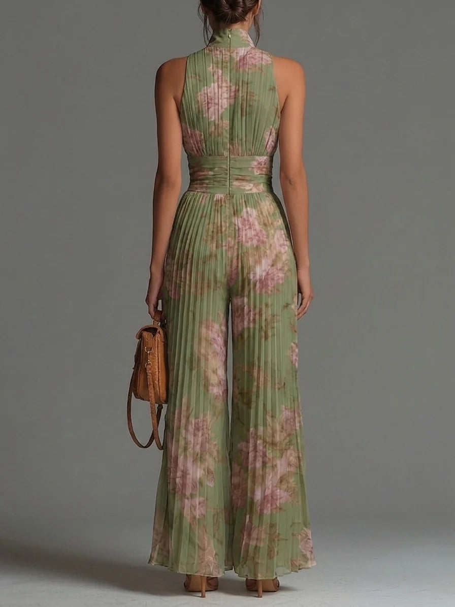Charlotte™ | Flödande plisserad jumpsuit med gröna blommor