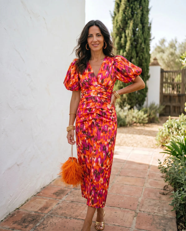 Carmen | Vestido midi estampado con mangas abullonadas