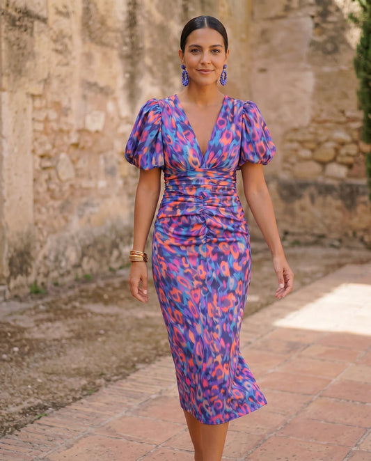 Carmen | Vestido midi estampado con mangas abullonadas